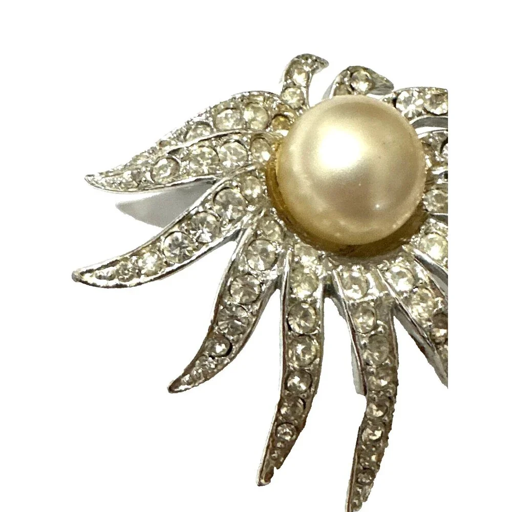 Vintage Celebrity NY Silver Tone Rhinestone Faux Pearl Sunburst Brooch Pin 2